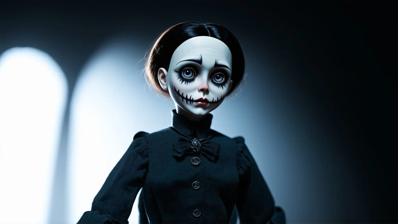 Dark and eerie realistic doll, inspired by Tim Burton's style, intricate details on porcelain face, dramatic lighting with shadows, creepy atmosphere, concept art by Gris Grimly.