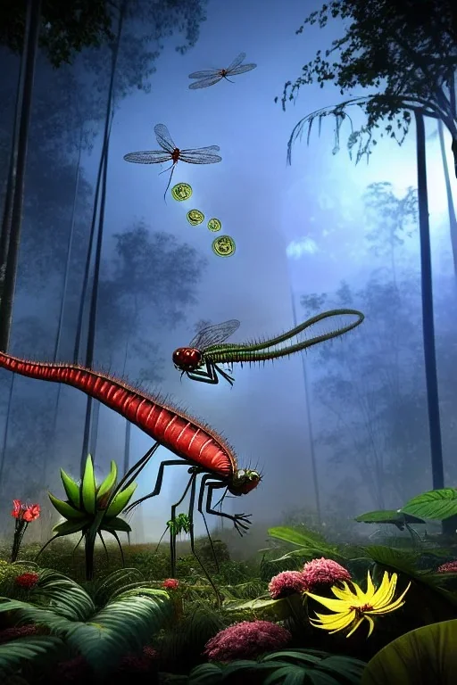 large venus fly trap with teeth eating a dragonfly, flowers, jungle, hyperrealistic, trees in background, digital art, alien like, disgusting, intricate, morbid, rainy, sinister, volumetric lighting, unreal engine, high resolution, 8k, depressing colors, dark colors, horror, horrific,