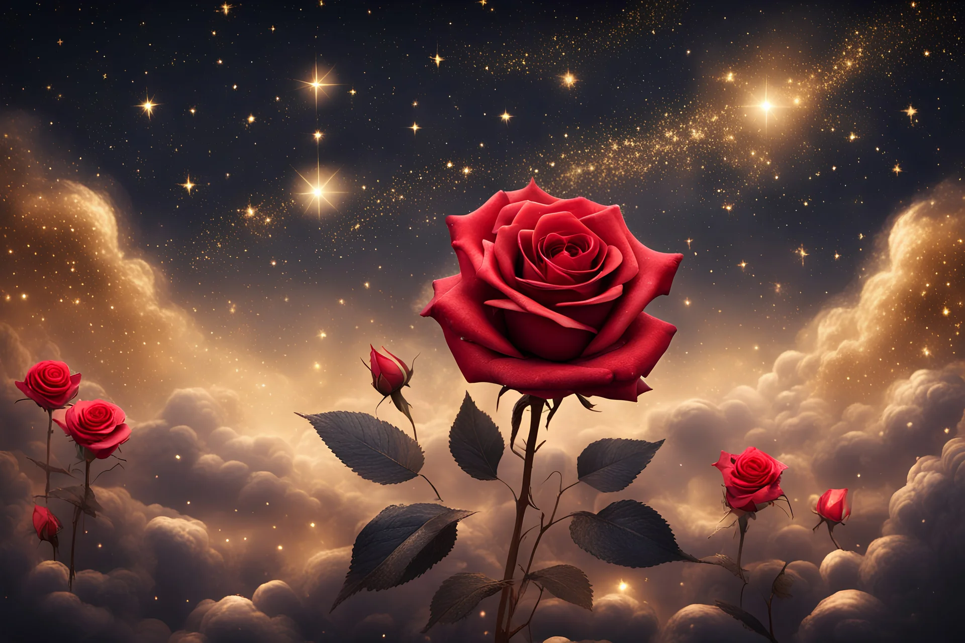 CIELO ESTRELLADO DORADO CON UNA ROSA ROJA