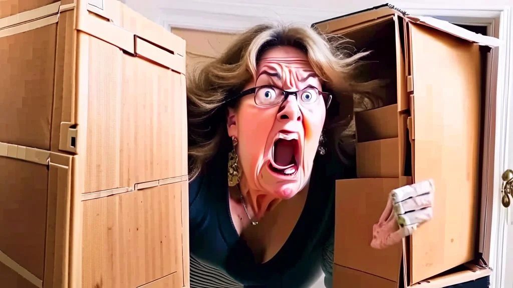 woman starts frantically tearing apart large door sized box scaring her husband