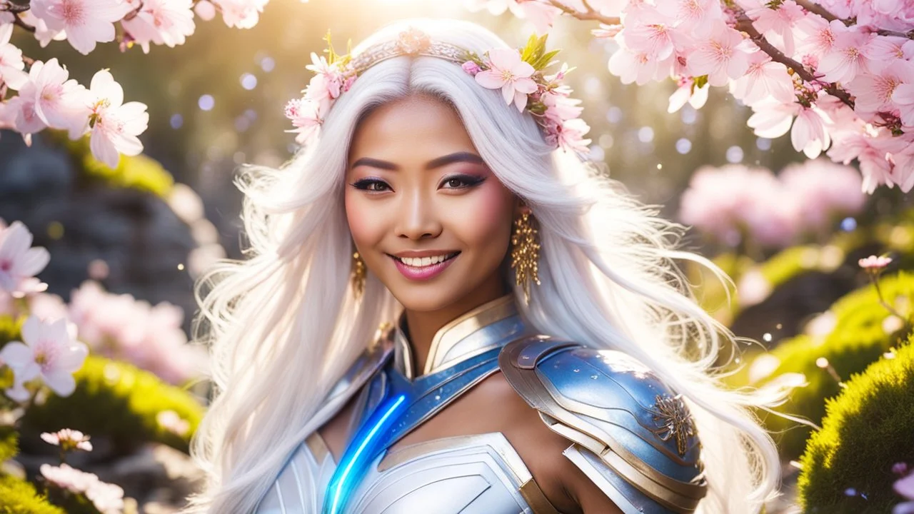 Portrait of a gorgeous smiling asian goddess with a golden dark skin, long smooth clear blueish white hair, blue eyes, in a sci-fi outfit with luminous strikes in a hill of flowers with sakura trees, a small torrent, loads of mini flowers, moss, sun rays through the branches, particles in the air at spring