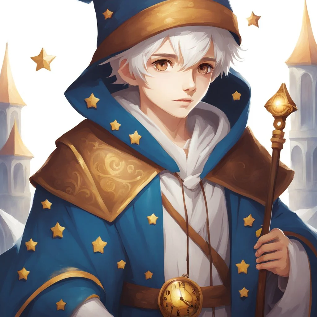 Fantasy World, A boy only wearing a closed wizards robe, and wearing a wizards hat. White Hair. Eyes That Looks Like a Clock.