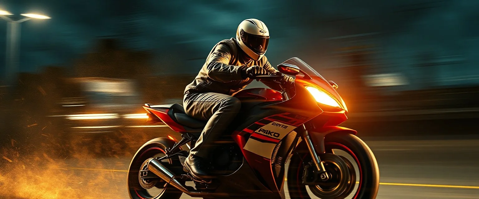 master oil painting by Rembrandt, good afternoon bitch scary hot seductive chess piece riding sports bike with motion blur and smeared lights in the night, stylistic poster, in the style of total recall, huge bugrat in the background