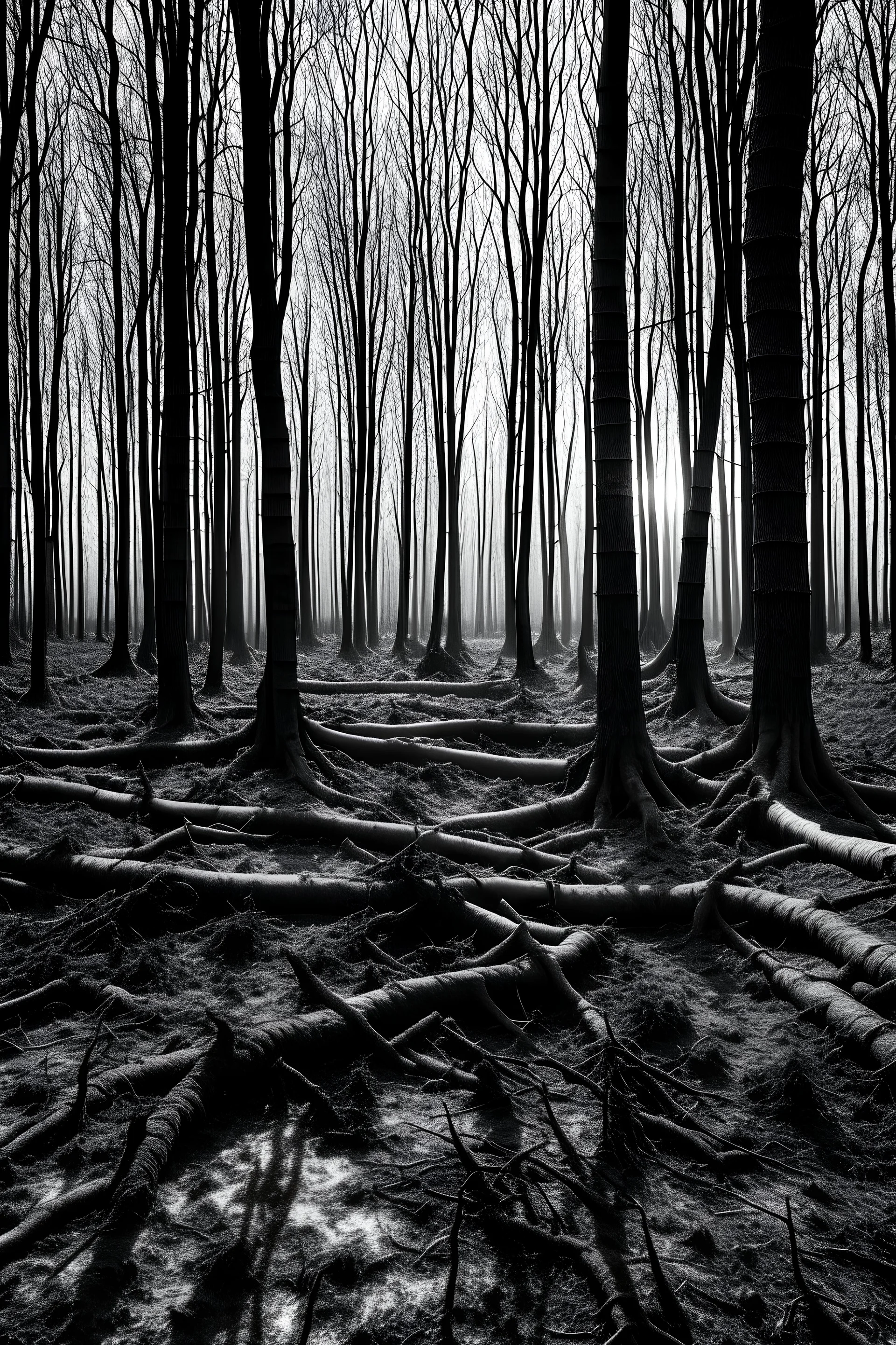 wild forest broken landcape of shattered minds with inherited wounds in black and white