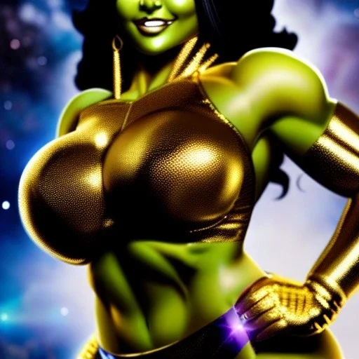 Ultra detailed fullbody Portrait in oil on canvas of sexy busty She-Hulk with Gold Armor,helmet,-Saint seiya style,extremely detailed digital painting,ultrarealistic skin,intense stare, extremely detailed face, crystal clear eyes, mystical colors ,perfectly centered image, perfect composition, rim light, beautiful lighting,masterpiece ,8k, stunning scene, raytracing, anatomically correct, in the style of Simon Bisley and Ohrai Noriyoshi and robert e howard and Steve Jung and Wizyakuza.