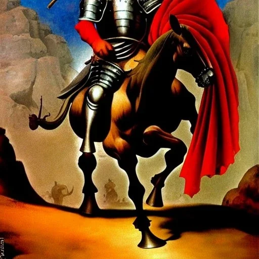 retrato de un caballero medieval con armadura montando a caballo frank frazetta style