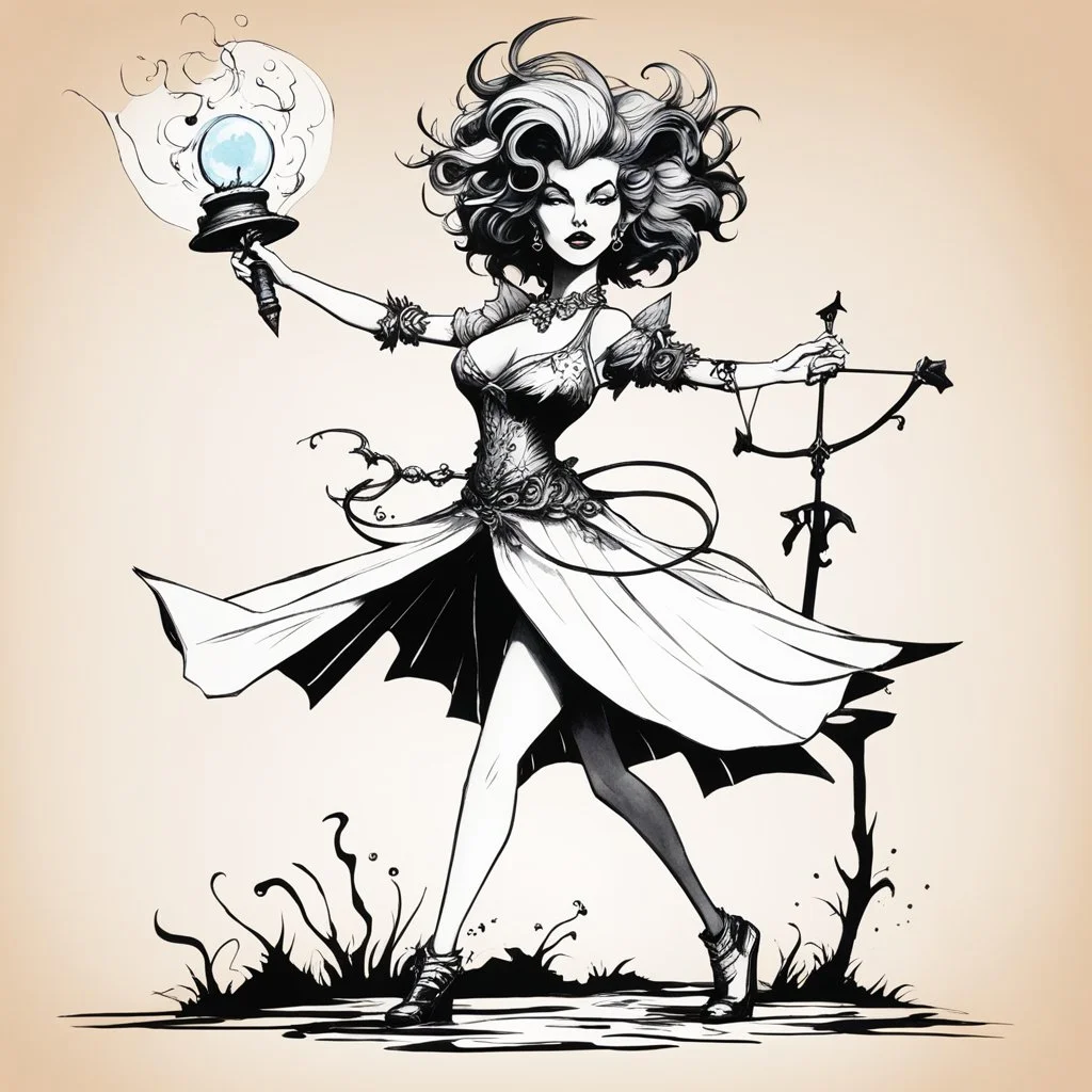 (PDF paper illustration by Ralph Steadman for Mini flat paper Figures to print and cut) a typical RPG characters “Marilyn houri spell-caster” the fantasy adventure archetype. She is attractive and knows how to manipulate mind and send spells This is part of a downloadable set of paper minis that you print out, cut out and glue together yourself.