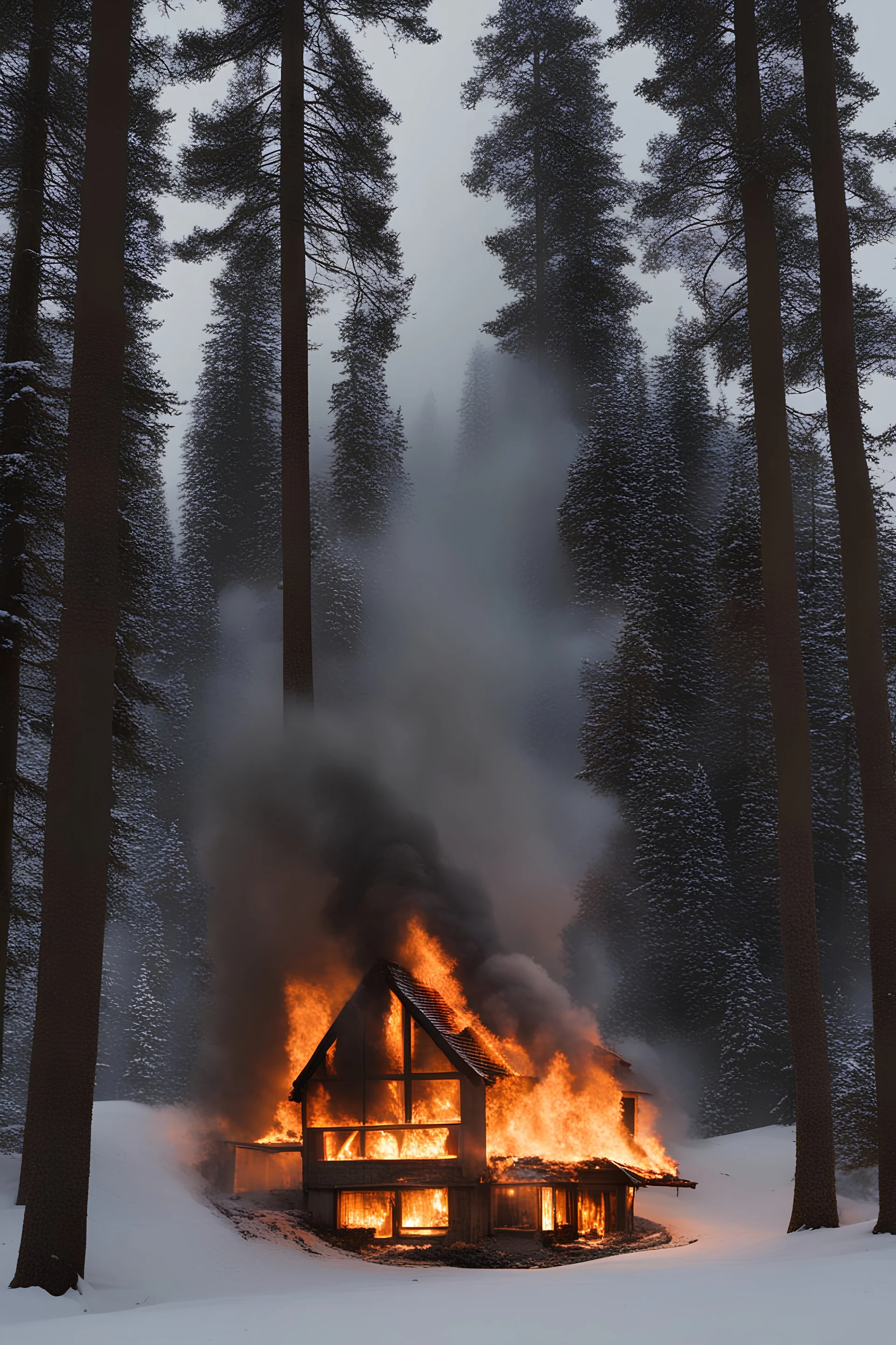 a cabin burning in the winter