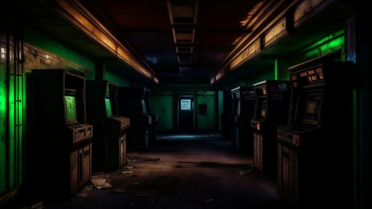 desolate dark arcade, horror, no humans