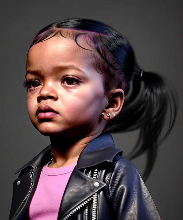 Rihanna toddler, full body, leather jacket, soft skin, dramatic lighting, hyper realistic