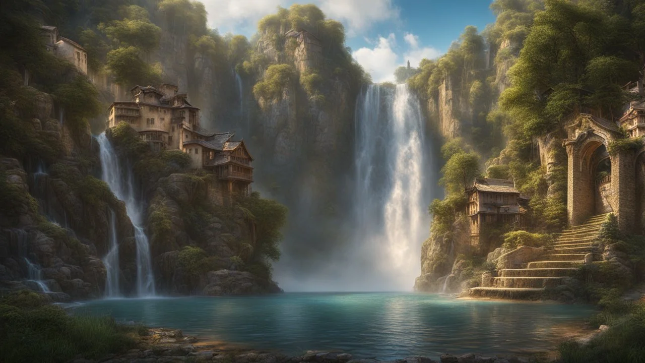 a waterfall falling upon a medieval city at the end of a steep, narrow, 3.000 feet tall ravine. a masterpiece, fantasy concept art, dynamic lighting, hyperdetailed, intricately detailed, deep color, Unreal Engine, volumetric lighting, Epic cinematic brilliant stunning intricate meticulously detailed dramatic atmospheric maximalist digital matte painting