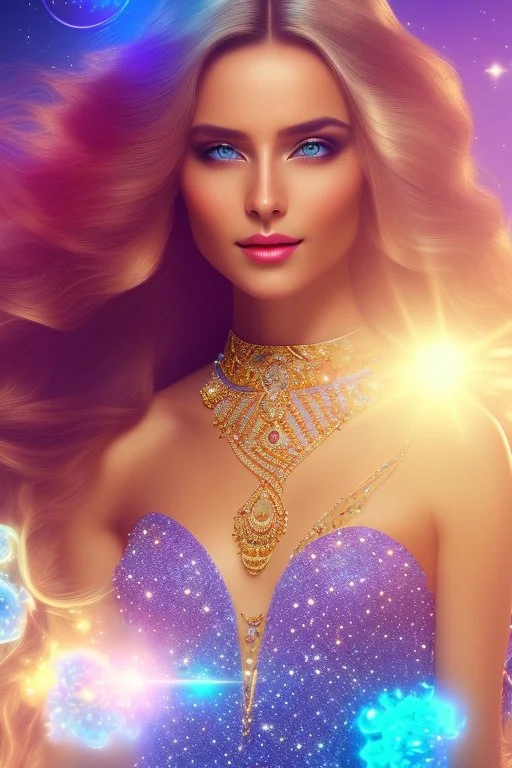 Beautyful smiling young woman, long hair amazing blue eyes, flowers, happy cosmic, bright colors, blue, pink, gold, jewels, realistic, photo real, clear sunny background, highly detailed, high contrast, 8k high definition, unreal engine 5, extremely sharp detail, light effect, sunny light backgroundgold, jewels, realistic, photo real, clear sunny background, highly detailed, high contrast, 8k h,crown