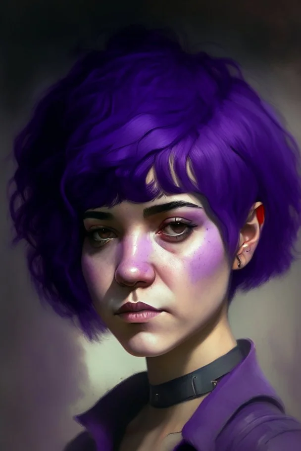 A portrait of a girl with an heavy armon, short purple hair,