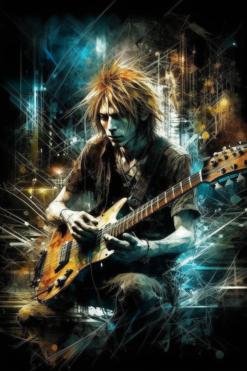 A ultra realistic poster of a cool guy playing rock guitar , having word sign as “street art ”, by Daniel Castan Carne Griffiths Andreas Lie Russ Mills Leonid Afremov, black background, fine lines draw, smile, standing in the temple