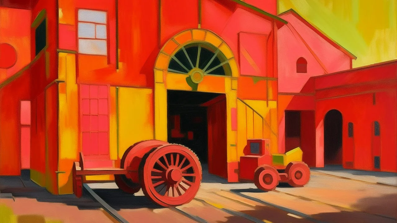 A light rosy orange colored warehouse with gears painted by Alexej von Jawlensky