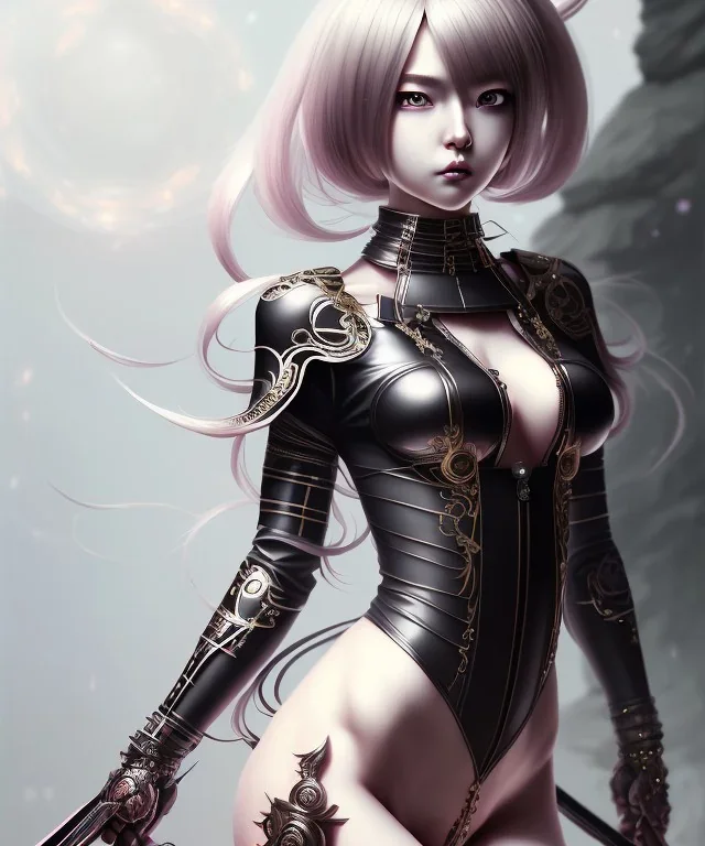 Detailed cute anime Kunoichi girl, brwon hair, black latex bodysuit, intricate details, full body portrait, keep head in frame, slight smile, black Japanese motif, concept art, highly detailed, digital painting, concept art, sharp focus, illustration, art by Yoji Shinkawa, WLOP and greg rutkowski and alphonse mucha and artgerm and yanjun Chen and Junji ito and Makoto Shinkai, HDR, octane render