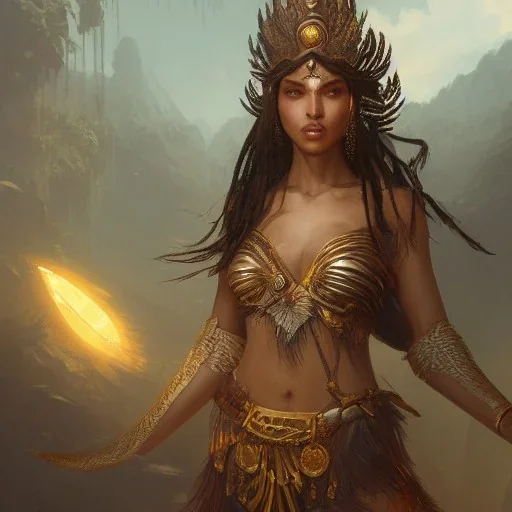 A queen warrior sun woman, beautiful face with light eyes, tropical background, in the fantasy world , 8k resolution, hot tropical fantasy concept art, by Greg Rutkowski, dynamic lighting, hyperdetailed, intricately detailed, deep, sun