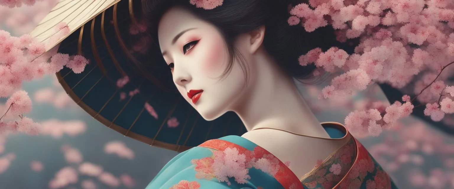 Japanese Geisha, illustration, digital art ,Vintage, , God Rays, vibrant colours, stylish ,Gorgeous art , GOD LIGHTING, Eiko Ishioka costume designer,, 32Κ, macro realistic,macro, sunbeams,beautiful, insanely detailed, cherryblossom zen garden, manga,anime,