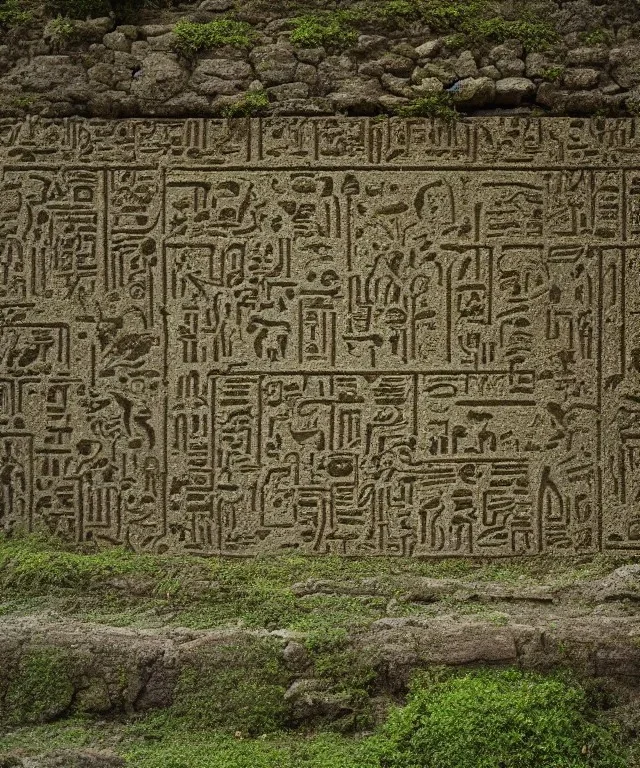 Ancient mossy ruin wall depicting luminescent hieroglyphs behind water