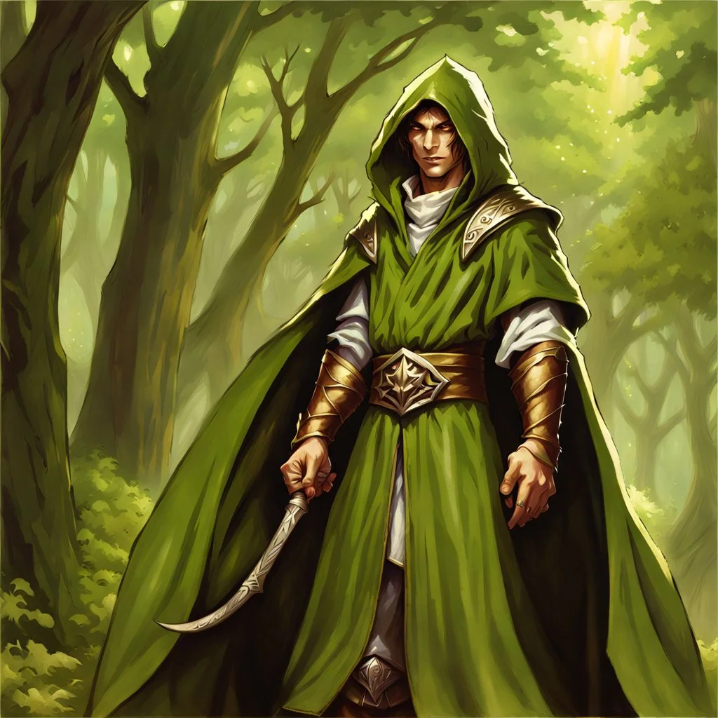 male hooded light sage elf male 90's tcg art fantasy