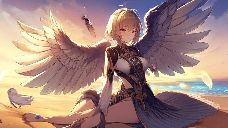 Highly detailed medium shot of a bird, sand, hot, cute, feathers, wings, tail, sun, large