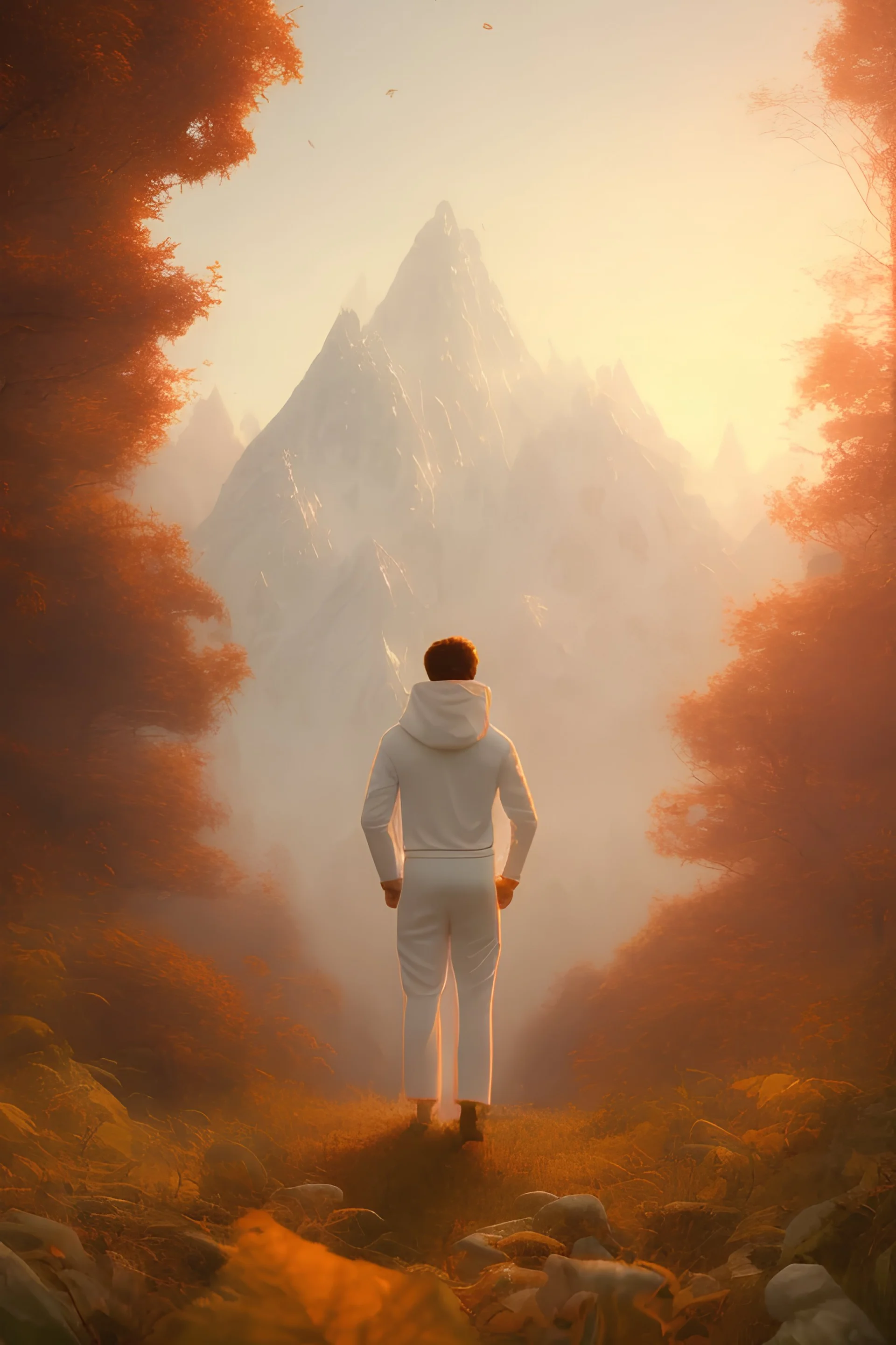 neanderthal portrait , white jogging suite, at dawn by atey ghailan, golden light , holding leaves and flowers , angels background, volumetric light, high detail, red leaf tree, mountains in background, perfect