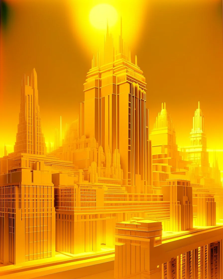 A golden yellow glowing metropolis painted by Frank Lloyd Wright