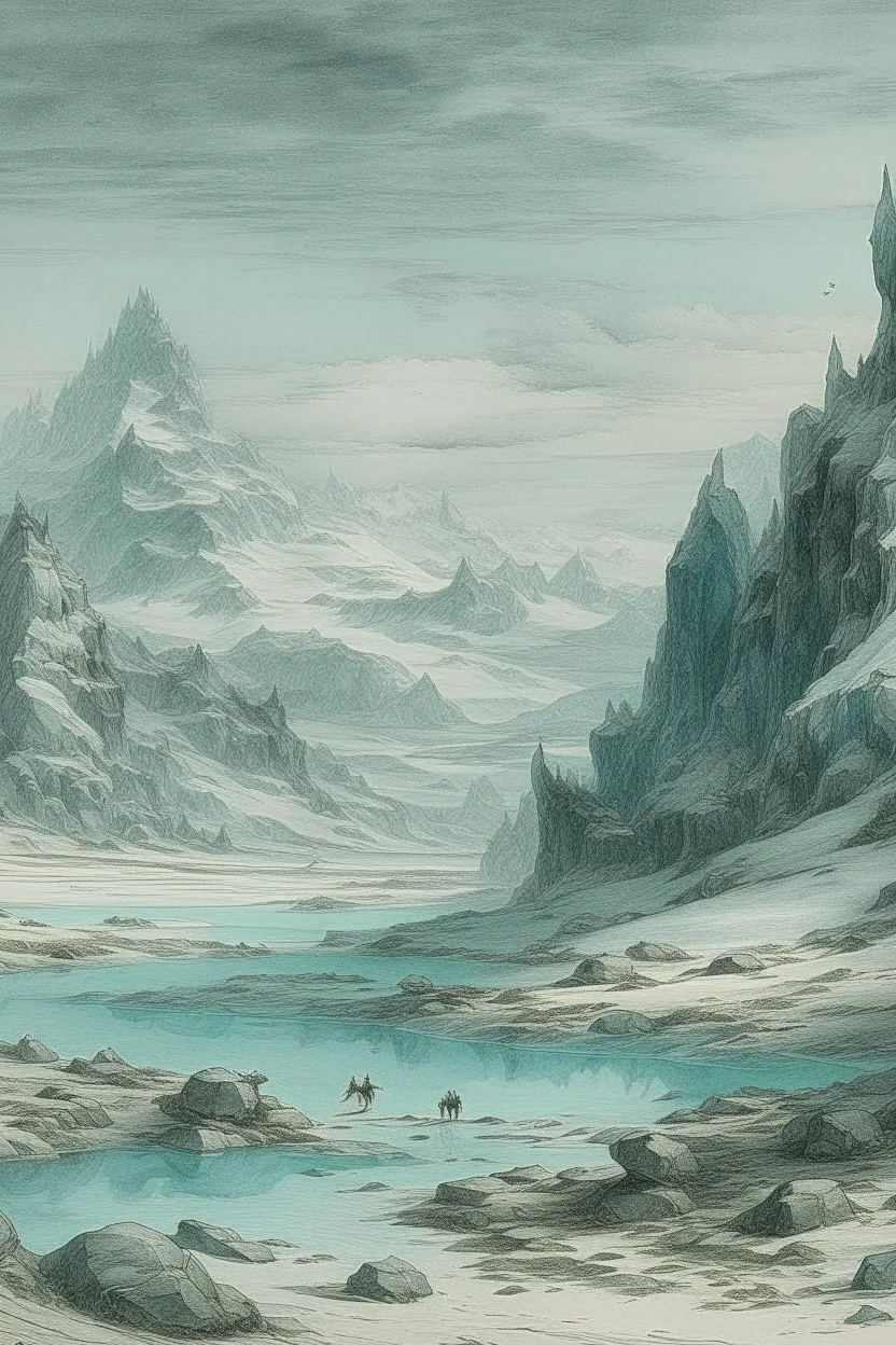 A cyan tundra with glaciers painted by Albrecht Durer