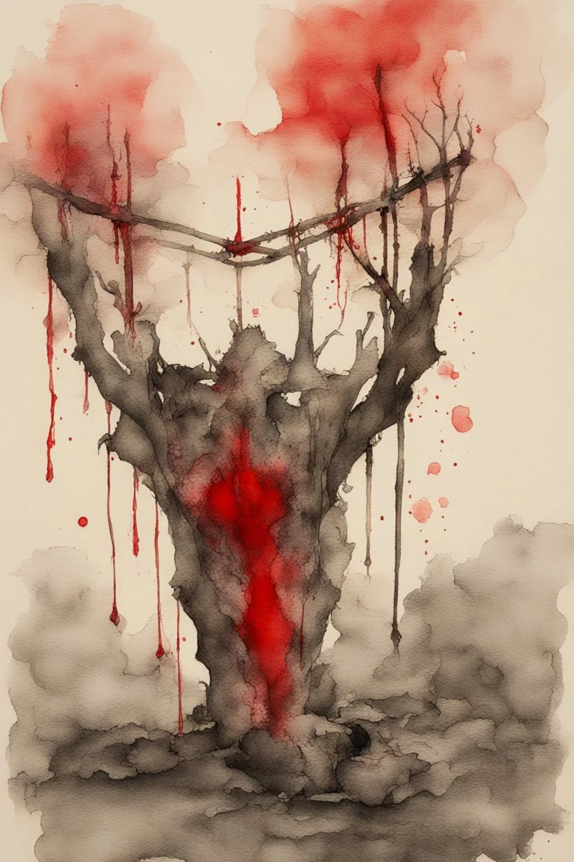 transcending the burden of past grievances weighing down their hearts; ink wash with bright red bleeding watercolors