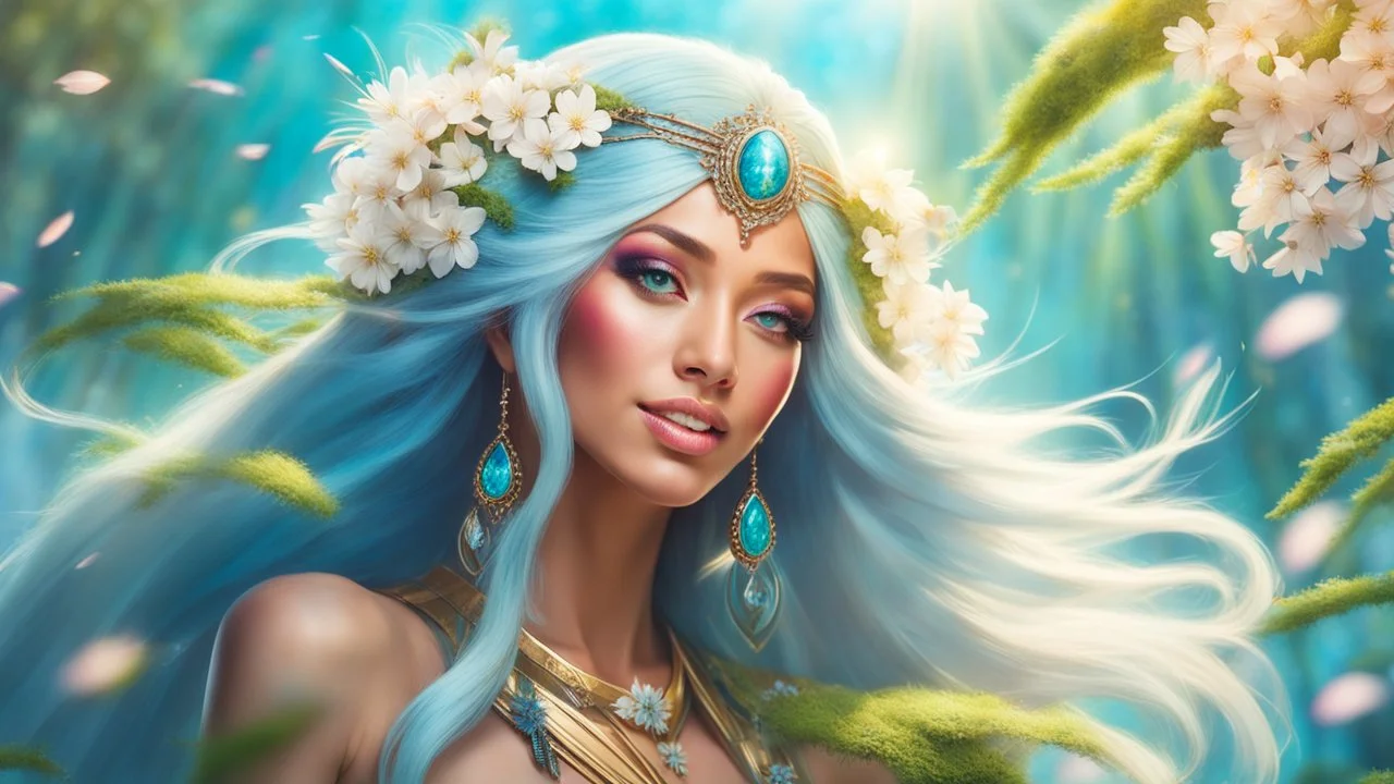 Close-up portrait of a gorgeous smiling skinny polynesian goddess with a golden dark shining skin, long smooth clear turquoise blue white hair, blue eyes, in a sci-fi outfit with luminous strikes blowing a kiss in a hill of flowers with sakura trees, a small torrent, loads of mini flowers, moss, sun rays through the branches, particles in the air at spring