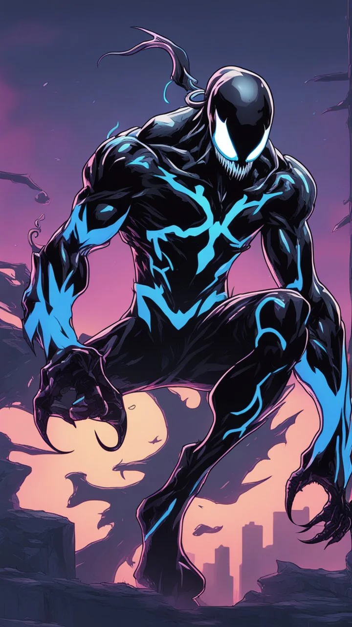Mix between venom symbiote and Reaper in solo leveling shadow style with neon glowing blue