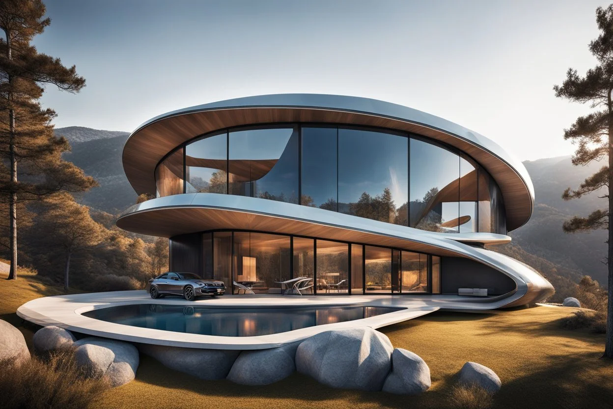 Photo of a futuristic cabin with a shape inspired by the infinity symbol in plan and the x cross in elevation. Glass facades are interspersed between the curved walls, which are steps to go up to the roof to a terrace. There is a driveway leading to the house on the side of the hill, with a luxury jeep parked. It has a biomimetic design. There are hikers in the distance and the silhouette of a bird in the sky. By drone. Clear blue sky and summer weather. Green trees