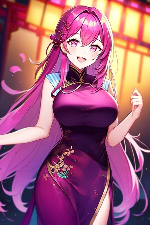 girl, masterpiece, best quality, cinematic lighting, detailed outfit, vibrant colors, perfect eyes, long hair, fuchsia hair, fuchsia eyes, laughing, chinese clothes,