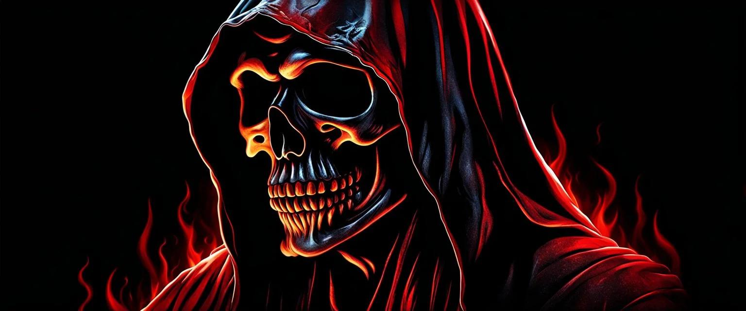 ultra high image quality, hell-tech infused Grim Reaper Close-up of an set against AMOLED-worthy pure black backdrop, fantasy art style infused with filter, tailored for vertical wallpaper, exclusive design with no duplicates, radiating beauty suitable for a PC screen image, vivid colors, ultra fine, digital painting.