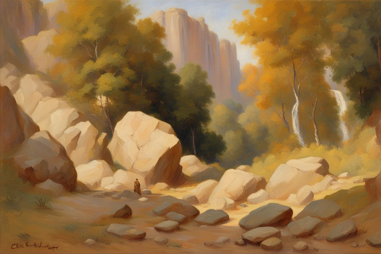 Sunny day, rocks, waterfalls, rocky land, mountains, friedrich eckenfelder and charles leickert impressionism paintings