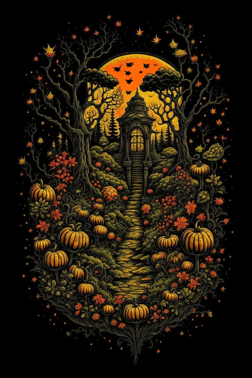 Autumn Evening Garden T-Shirt Design, Black Background, by Andrew Ferez