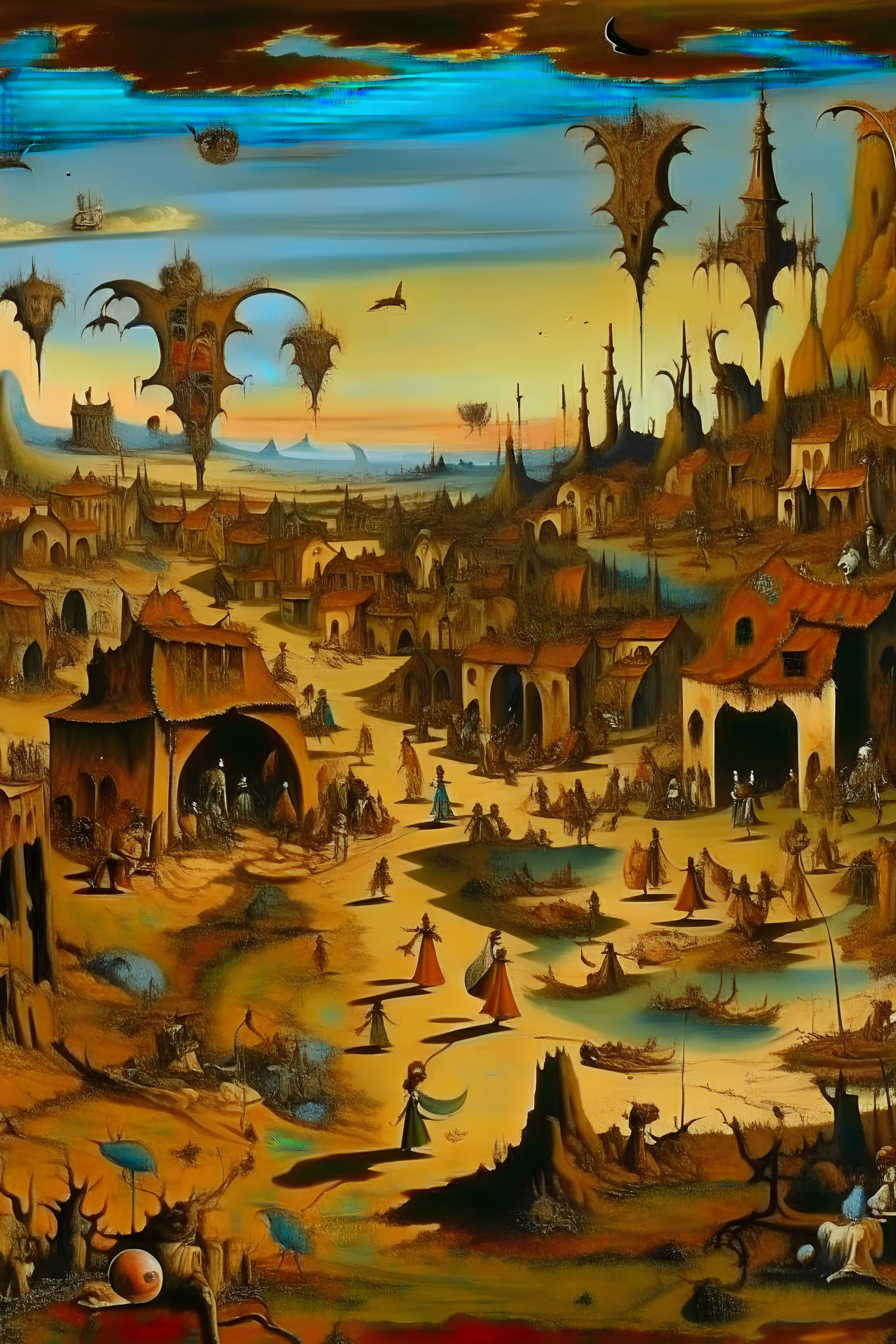 "haunted weird village" , with many mad angels - artwork by Salvador Dali - colorful, ultra sharp focus, focused, high definition, high detail, highly detailed, ultra detailed,