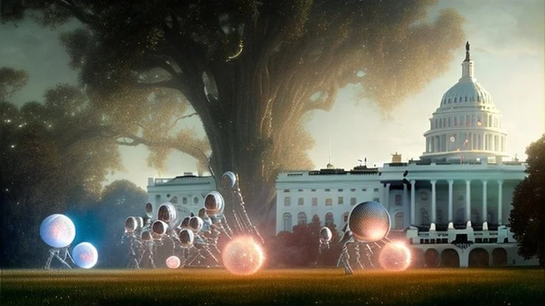 a alien craft that has landed on the white house lawn :: made of shiny obsidian glass :: reflective, glassy :: subtractive lighting, backlit :: by John William Waterhouse, Greg Rutkowski, HR Giger :: hyperrealistic, hyper detailed, photorealistic :: epic, incredible composition, amazing depth, meticulously composed, 16k resolution concept art :: fantasy magazine cover art