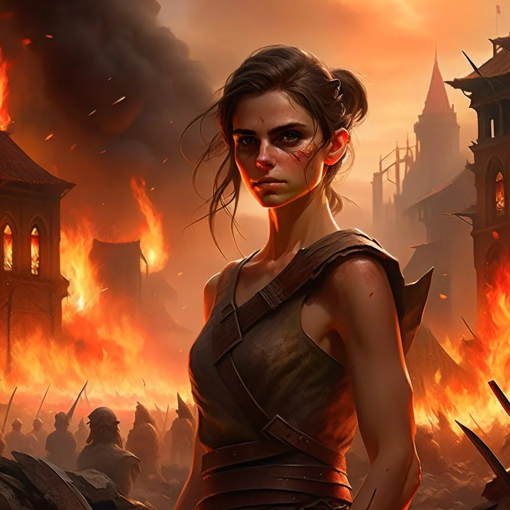 a dark haired tiefling woman in a sleeveless battle outfit, a face like emma watson, amidst town ruins with fires burning, photo quality