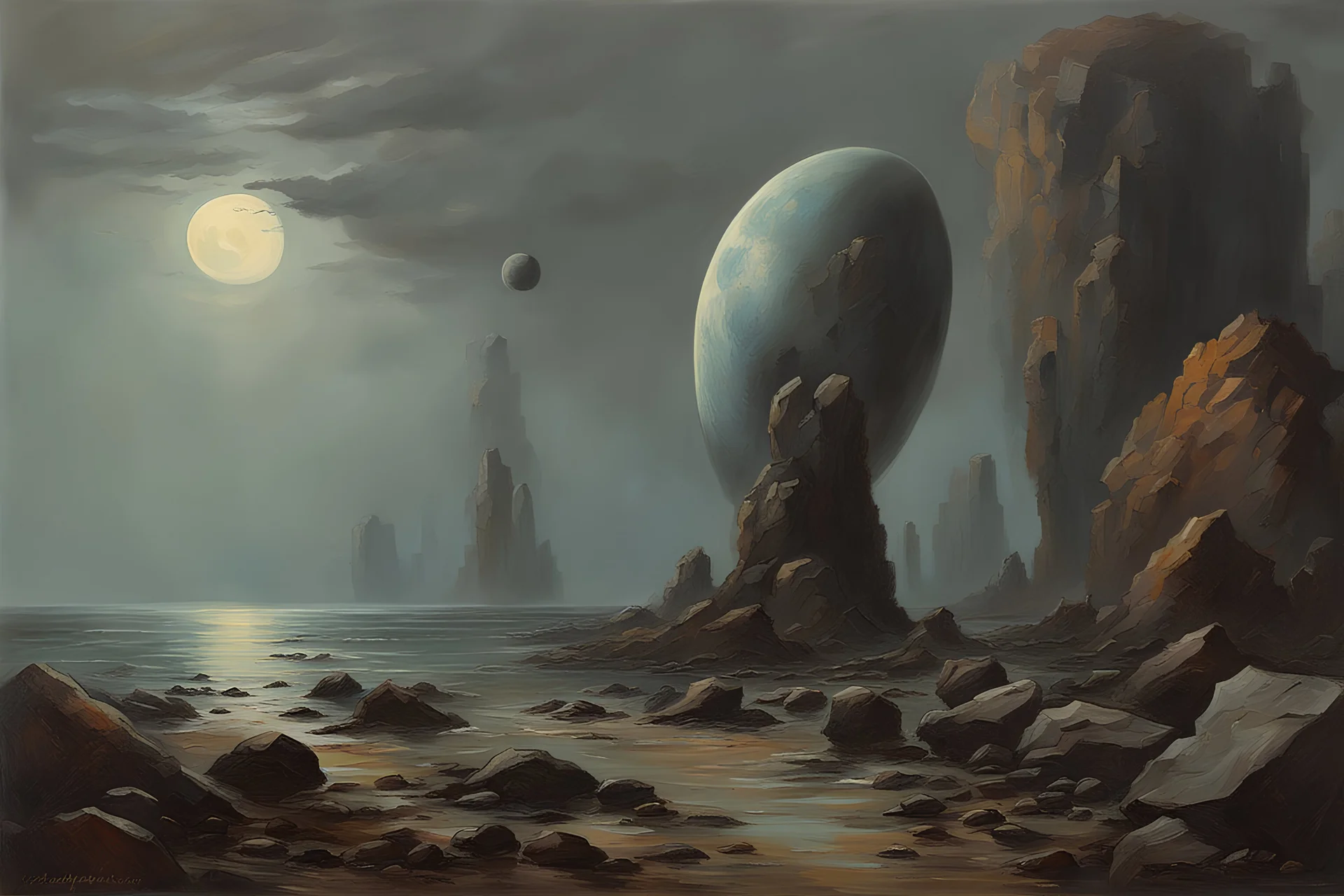 Grey sky with one planet in the horizon, rocks, mountains, 80's sci-fi movies influence, friedrich eckenfelder impressionism paintings