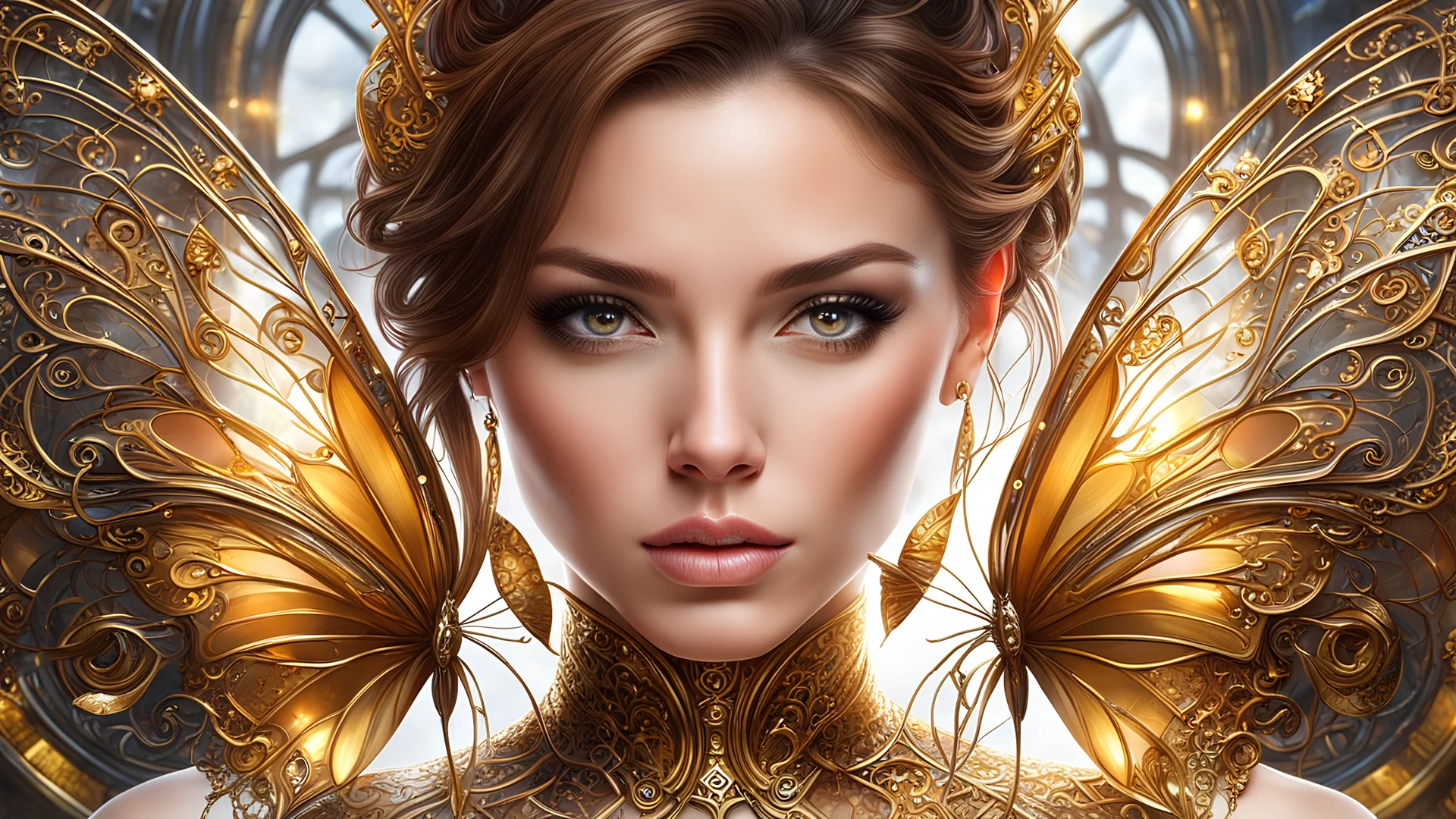 8k portrait of beautiful cyborg with brown hair, intricate, elegant, highly detailed, majestic, digital photography, art by artgerm and ruan jia and greg rutkowski surreal painting gold butterfly filigree, broken glass, (masterpiece, sidelighting, finely detailed beautiful eyes: 1.2), hdr,