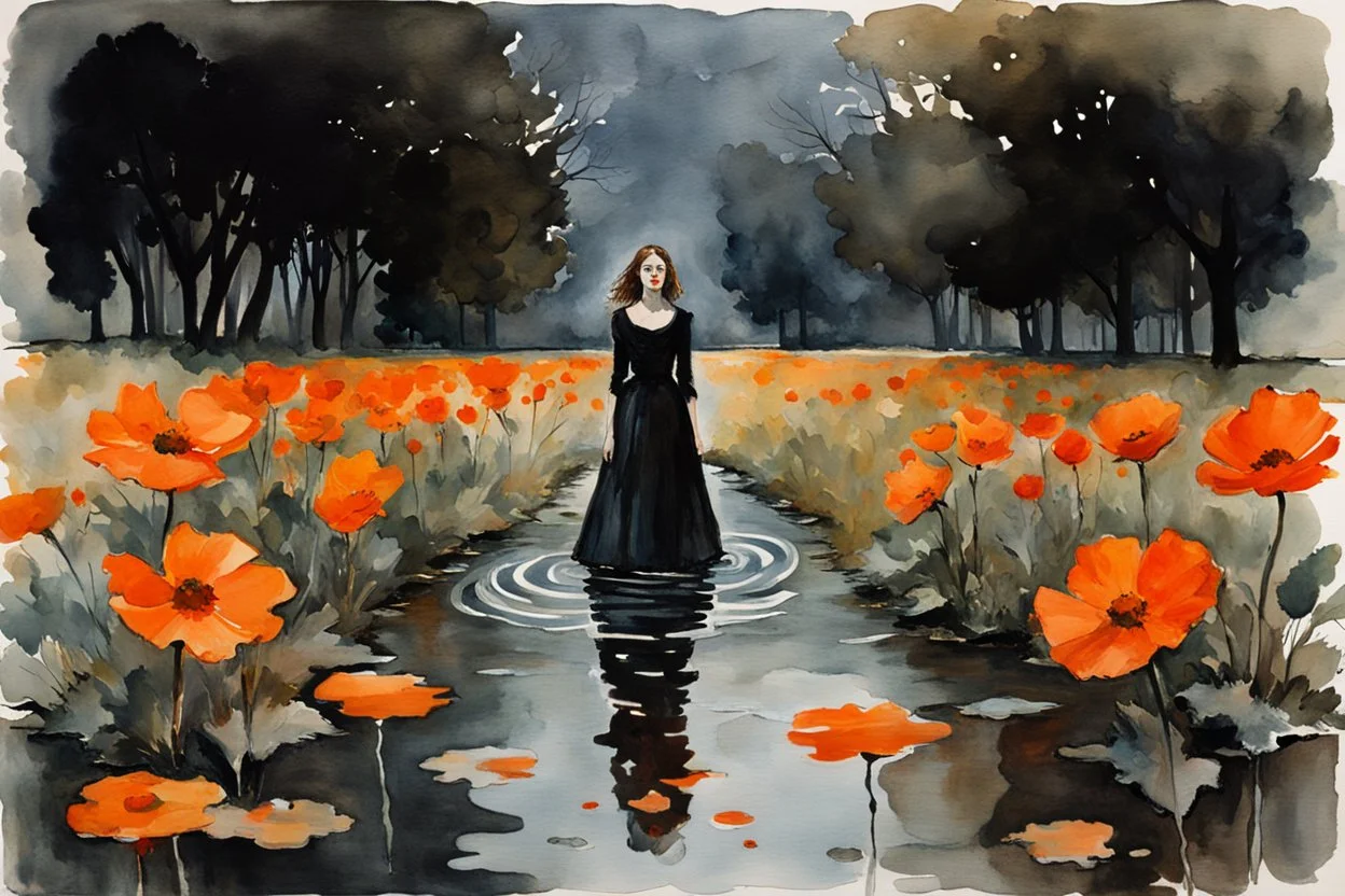 Night, one woman, orange flowers, gothic horror movies influence, puddle, epic, winslow homer watercolor paintings