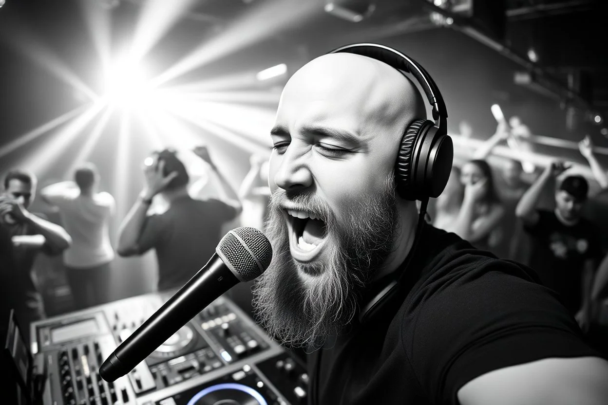 en manlig skallig och goatee (ansat skägg) DJ (med hörlurar) som sjunger nära in i kameran, väldigt exalterad, och folk som dansar våldsamt i backgrunden på ett techno disco, svartvit bild, prodigy trash style