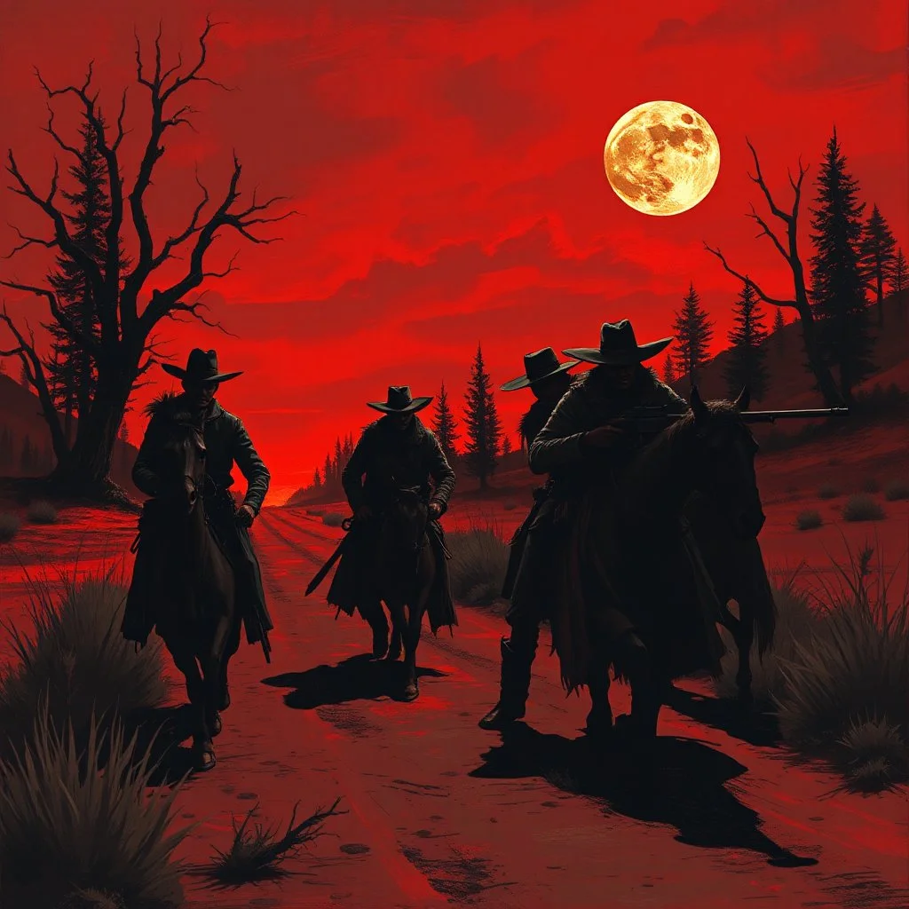 western bandit gang robbing someone on a dirt road during a red skied night grimdark fantasy art