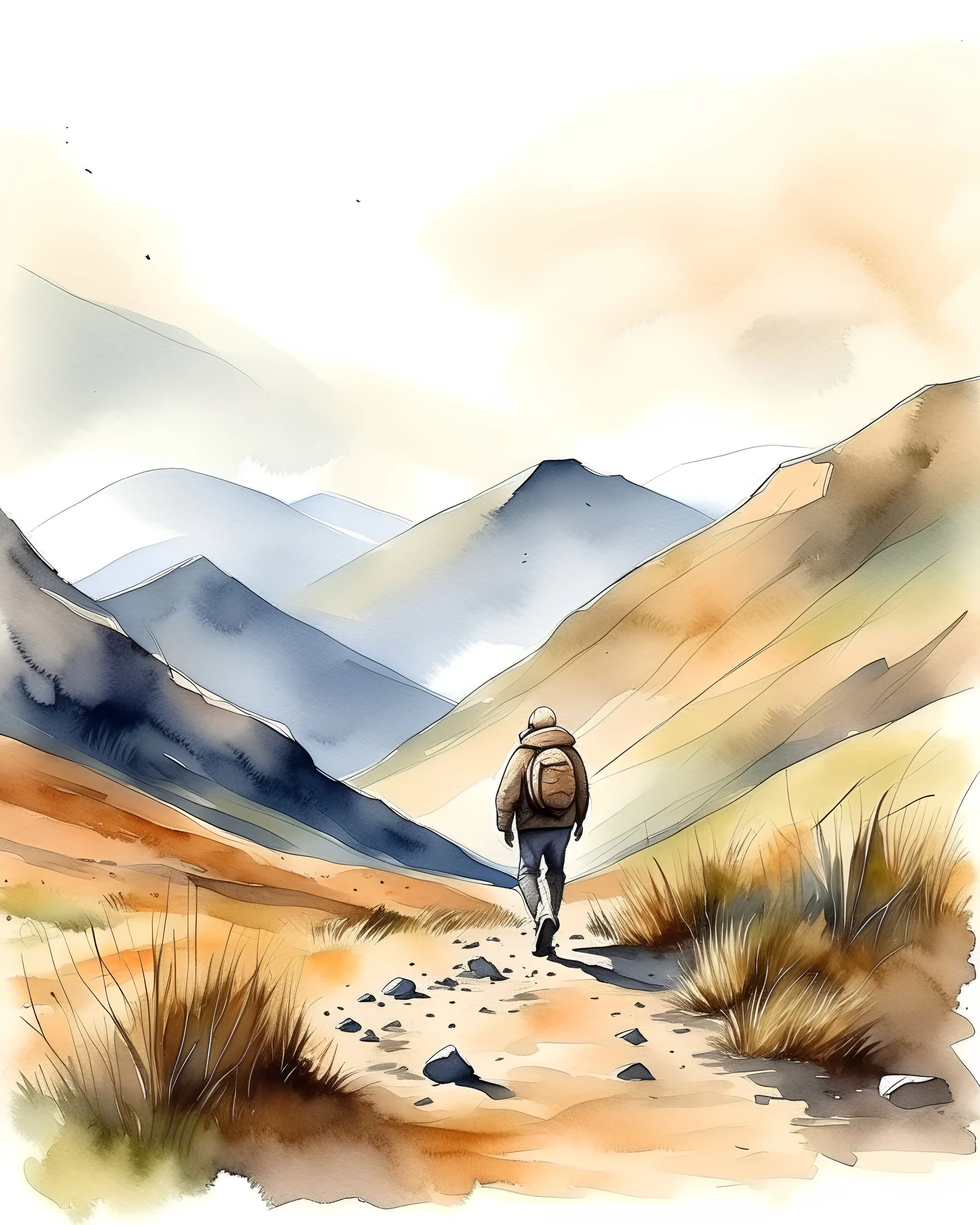 middle aged person walking uphill alone into the wild mountains in long view water color