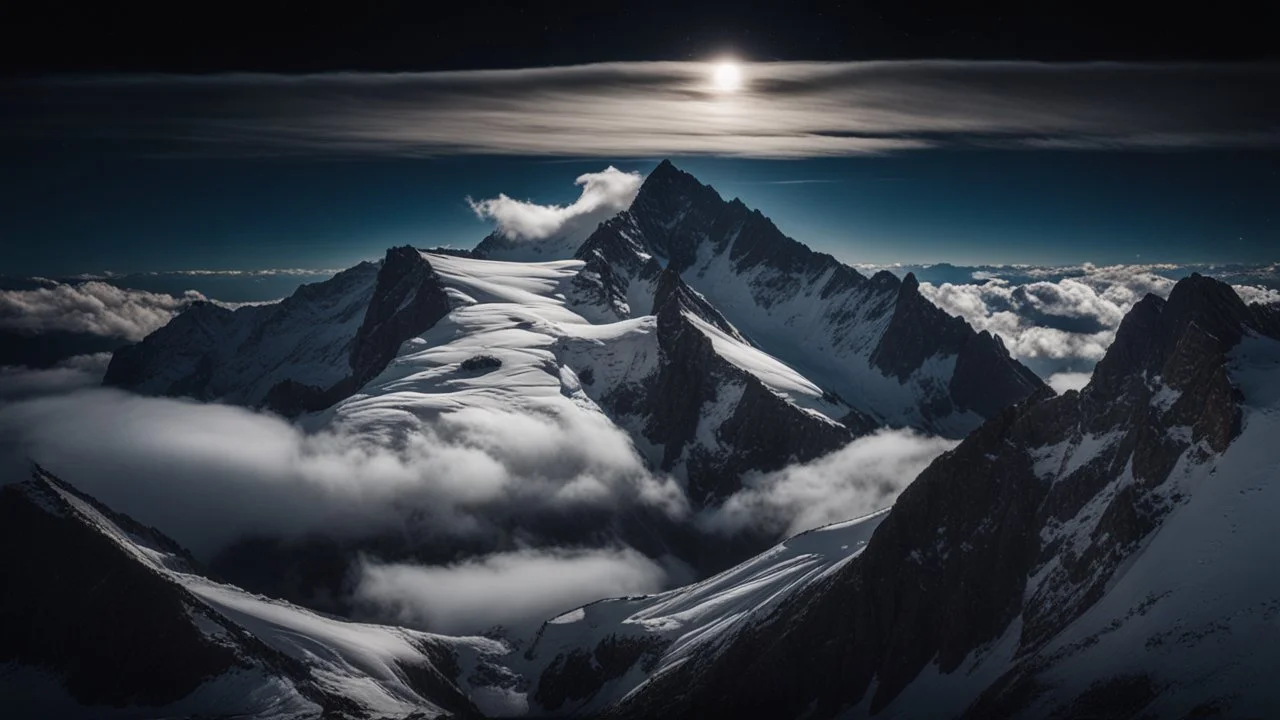 Aerial view from above of a single sharp, rocky mountain peak with snow patches, piercing through a dense, swirling foreground layer of white clouds, dark night sky with visible Milky Way, high contrast, cinematic lighting, photorealistic, 8k resolution, sharp focus