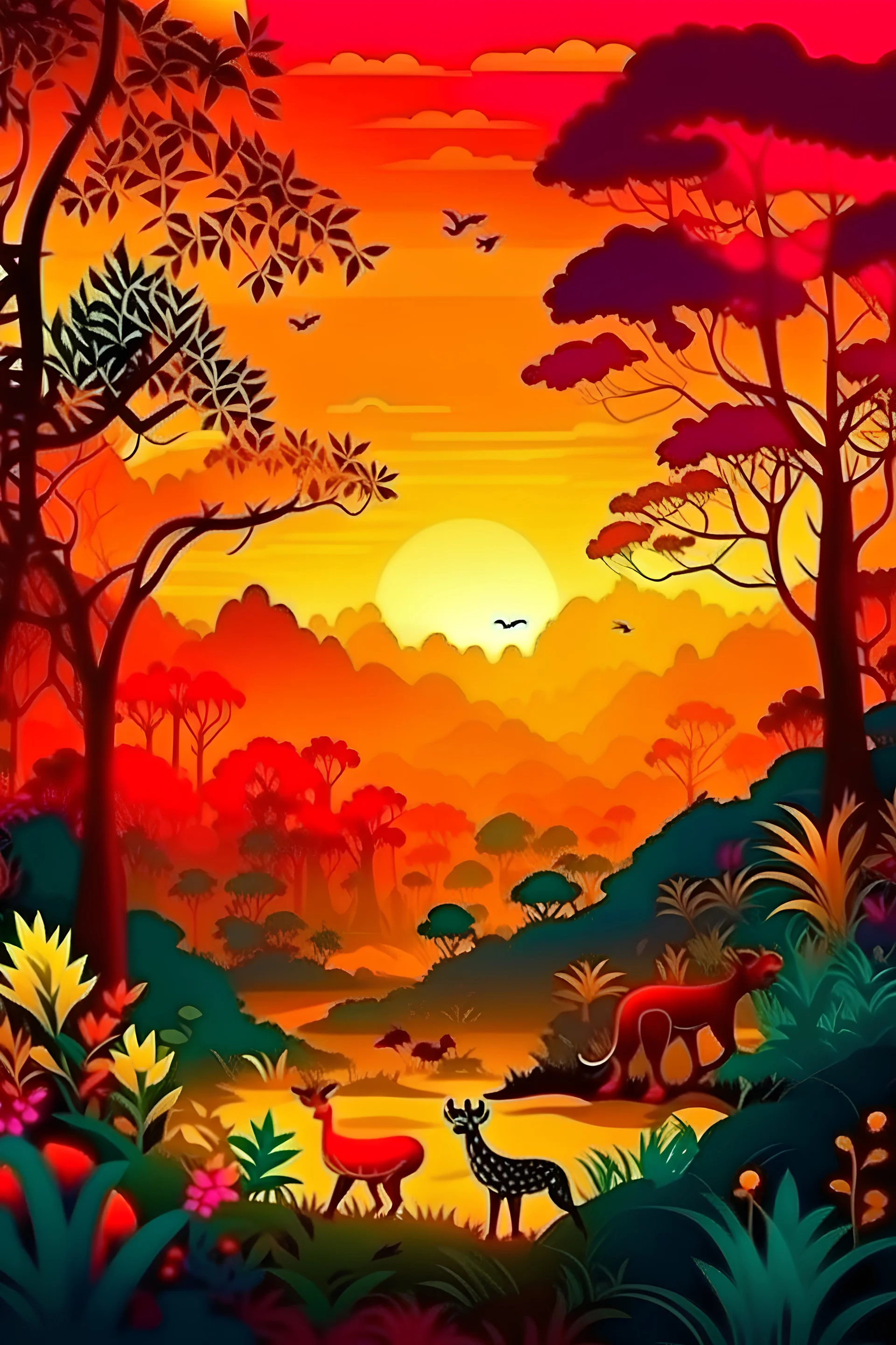 vista de la selva asiática con un bosque colorido, los animales se ven entre los matorrales, fauna amplia y un atardecer brillante