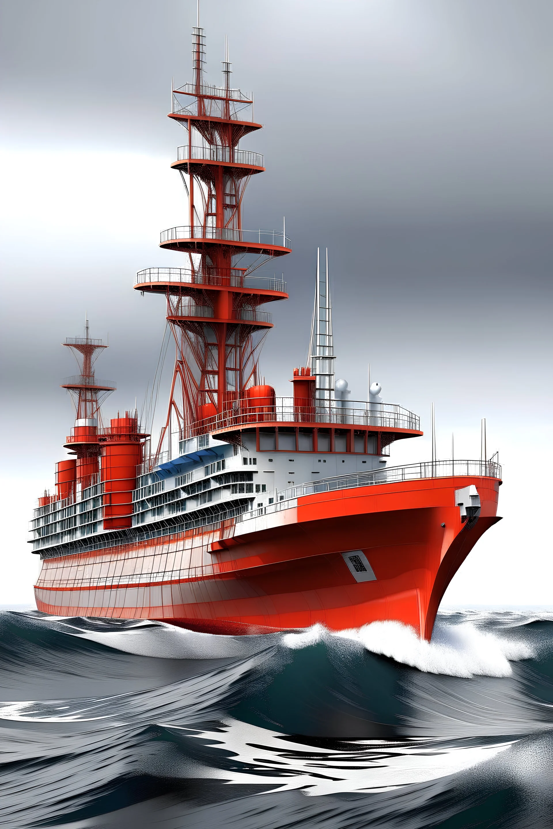 modern oil drillship in rough sea with red rounded hull, white superstructure, single derrick and helideck