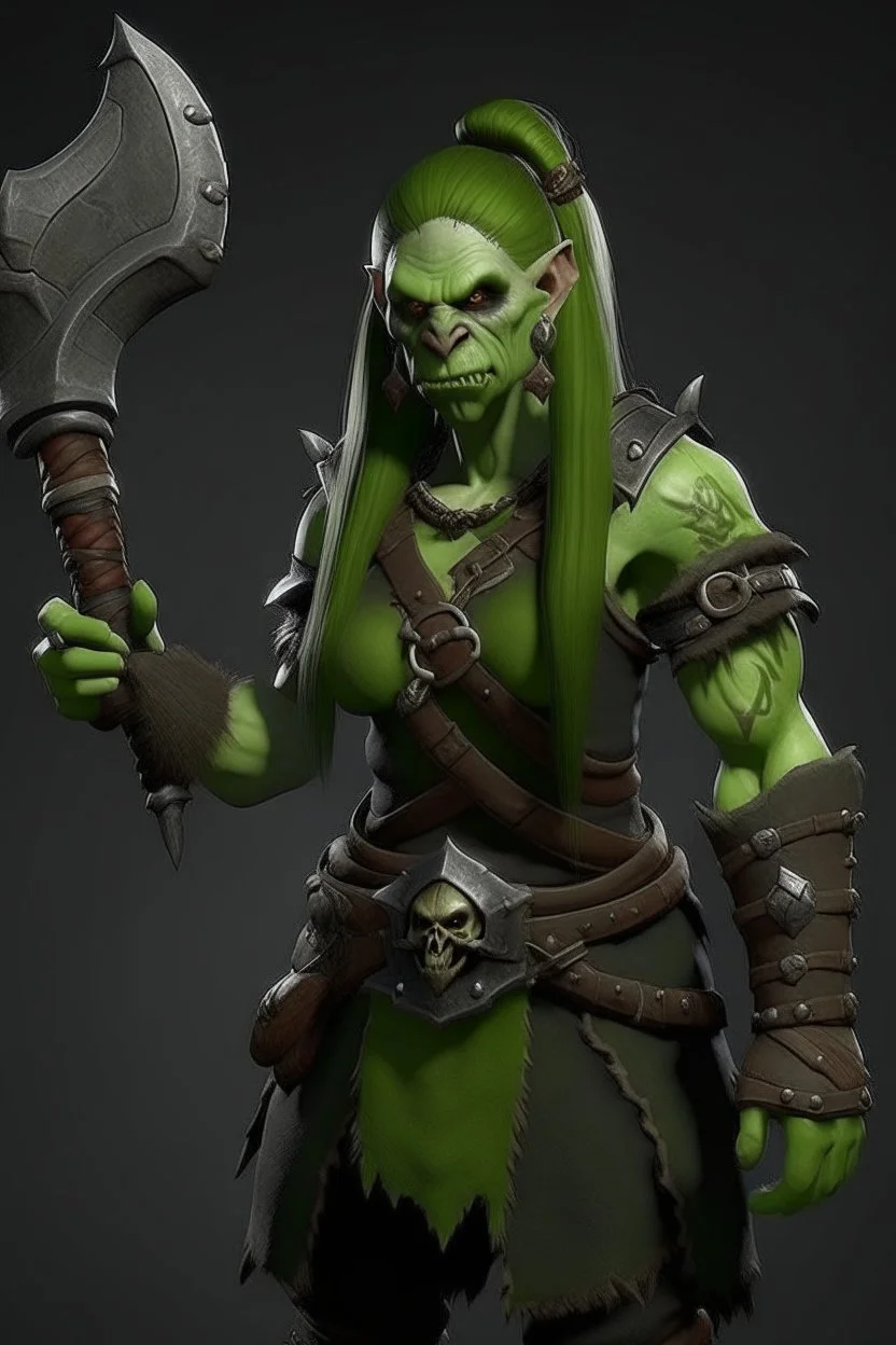 green skin tall female orc platted ponytail pirate barbarian long axe