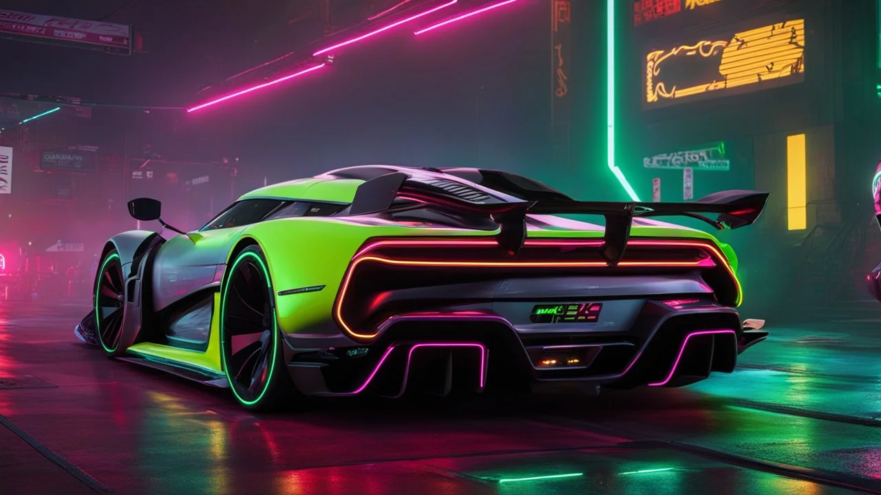 Koenigsegg Jesko Cyberpunk 2077 neon Style, Super Detailed, desktop wallpaper, 4K rear view, center